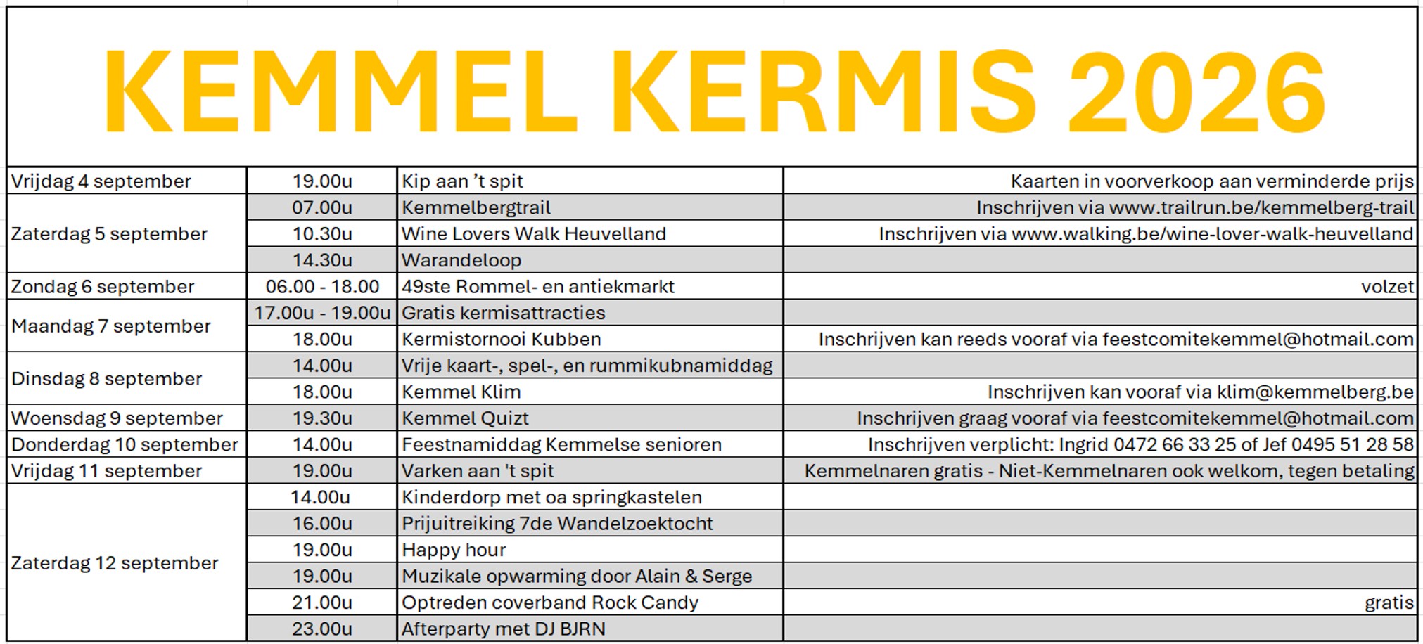 KEMMEL KERMIS 2026 SCHEMA